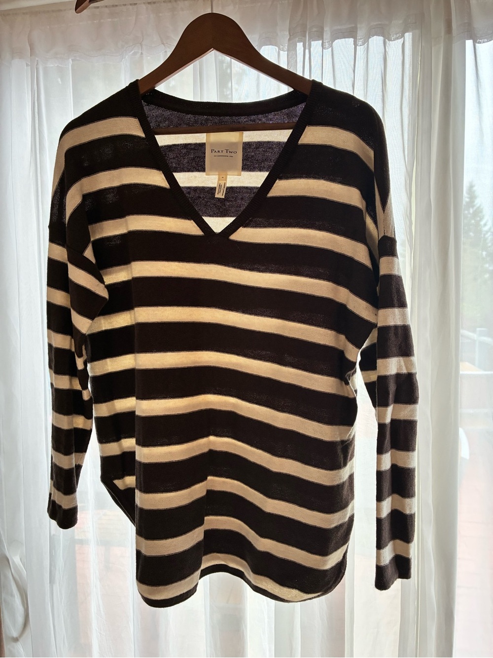 Part Two Women's Black & Cream Striped V-Neck Sweater